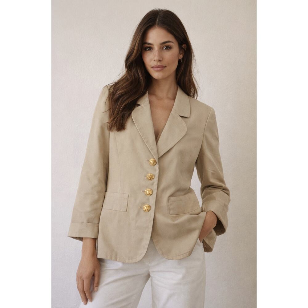 YVES SAINT LAURENT Tan Beige Vintage Gold Button Studded 100% Cotton Blazer 40